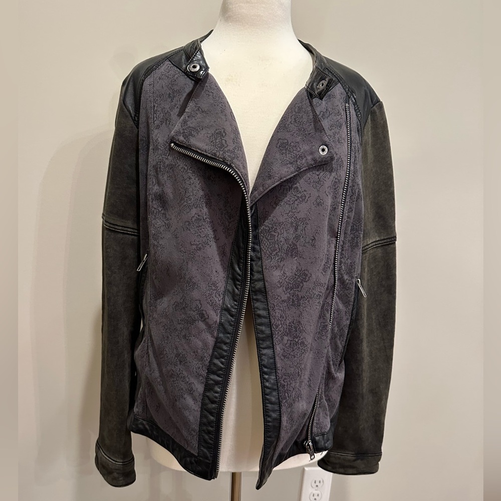Free People black and gray faux leather and cotton jacket. Distressed, size 12